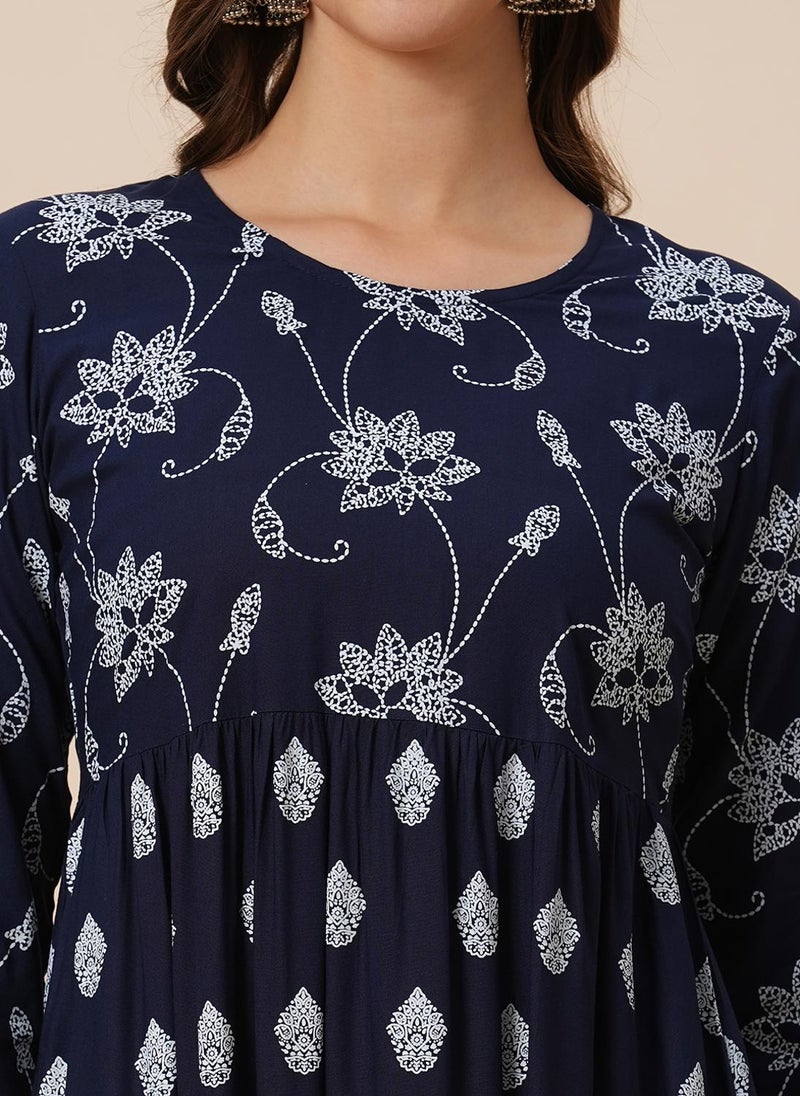 Globus Women Round Neck Floral Ethnic Print Gathered Tiered A-Line Midi Dress - Image 5